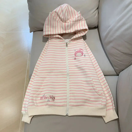 Spring New Vintage Stripe Hoodies Cute Girl Y2K Zip Up Hoodie Coat Versatile Retro Age Reducing Sweatshirt Kawaii Clothes Korean