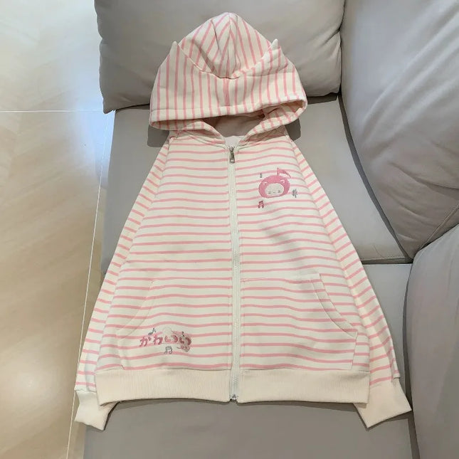 Spring New Vintage Stripe Hoodies Cute Girl Y2K Zip Up Hoodie Coat Versatile Retro Age Reducing Sweatshirt Kawaii Clothes Korean