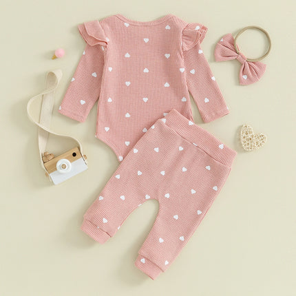Pudcoco Infant Newborn Baby Girls 3Pcs Fall Outfits Long Sleeve Heart Print Romper + Pants + Headband Set Clothes 0-18M