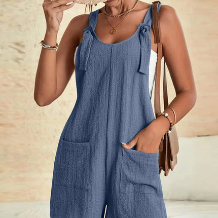 Women Summer Casual Short Rompers Elegant Solid Sleeveless Tie Knot Strap Jumpsuits Vintage Harajuku Loose Overalls with Pockets