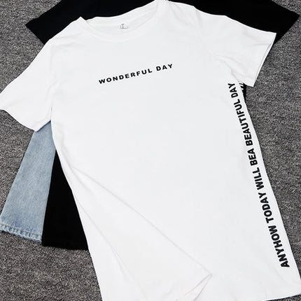 WONDERFUL DAY Print Long T shirts Summer Women Loose Slit Femme Tops  Tshirt Short sleeve Ladies t-shirt
