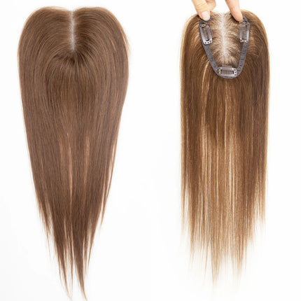 100% Human Hair Toppers Brown Highlight Hairpieces Middle Part Women Hair Topper with Lace Base Clip in Hair Extensions Natural