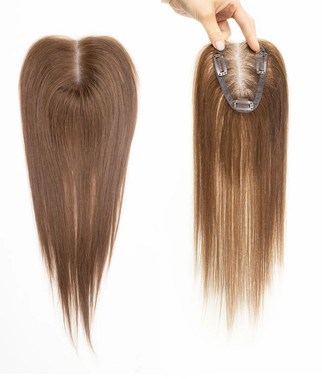 100% Human Hair Toppers Brown Highlight Hairpieces Middle Part Women Hair Topper with Lace Base Clip in Hair Extensions Natural