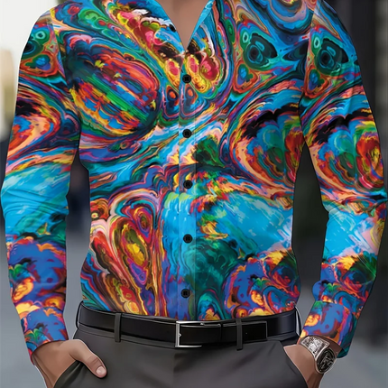 New Colorful Fluid Art Printed Men's Long Sleeve Shirt Trendy Brand Personalized Casual Slimming Shirt