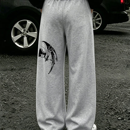 Mens Dark Gothic Spider Bat Wing Print Baggy Wide Leg Sweat Pants Loose Straight Drawstring Hip Hop Street Joggers