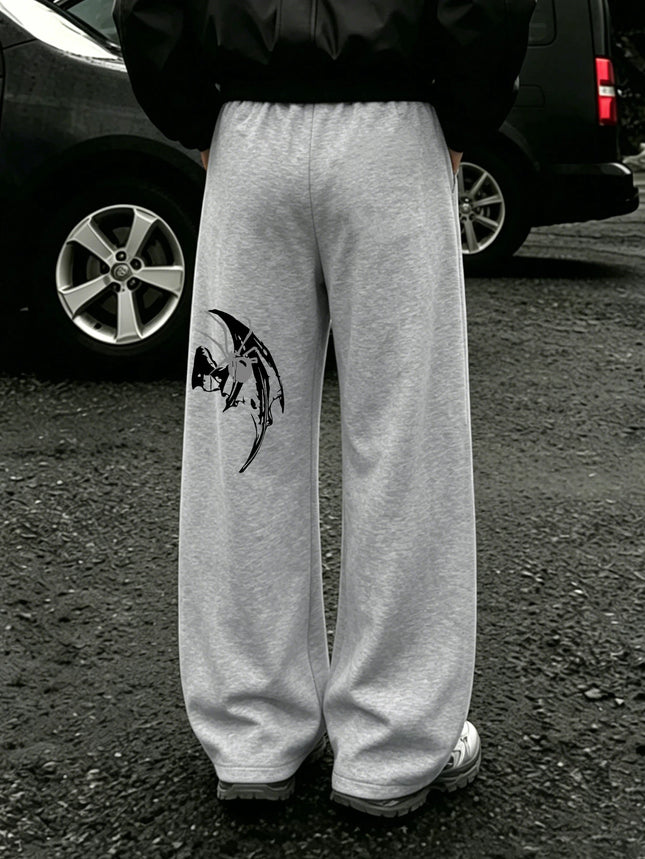 Mens Dark Gothic Spider Bat Wing Print Baggy Wide Leg Sweat Pants Loose Straight Drawstring Hip Hop Street Joggers