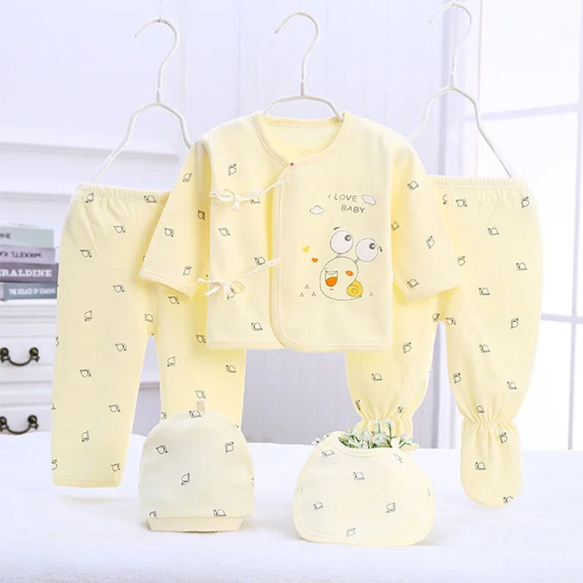 5Piece Sets Spring Baby Girl Boy Clothes Casual Cartoon Cute Print Long Sleeve Cotton Tops+Pants+Hat Newborn Hospital Set