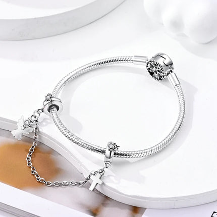 Sparkling Clear Silver Safety Chain 925 Sterling Silver Safety Chain Charm Beads Fit Original Bangle Bracelet DIY Jewelry