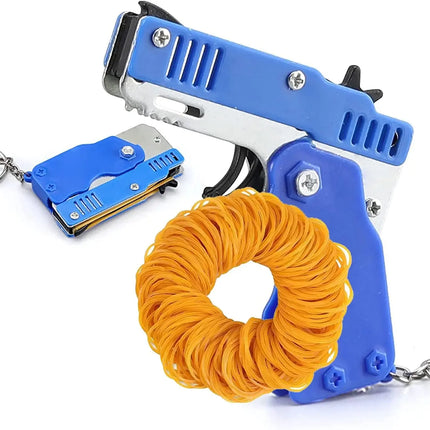 Kids Cool Mini Folding Rubber Launcher Toy with 60 Rubber Bands, Portable Toy for Outdoor Activities,  Keychain Gift