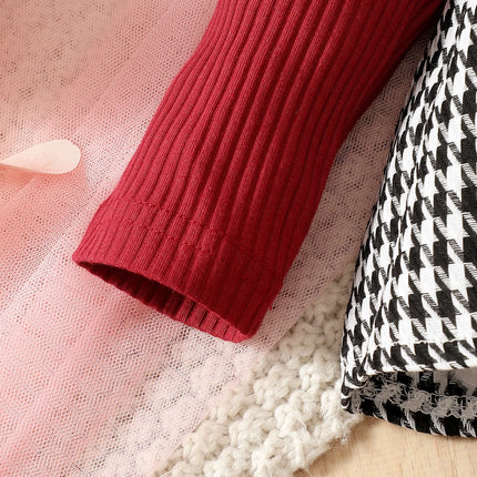 Baby Girl Autumn/Winter Fashion Cute Round Neck Thousand Bird Grid Color blocked Lotus Leaf Side Sleeve Fake Two piece Strap Ski