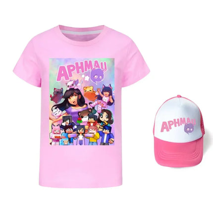 Anime Aphmau Tshit Kids Summer Clothes Baby Girls Cartoon T-Shirt + Sunhat 2pcs Set Boys Short Sleeve Casual Tops Children Tees
