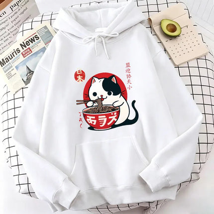 Japanese Style Cat Eat Ramen Hoodie Manga Cat Children's Sweatshirt Cute Hoody Casual Hoodies Spring Unisex Clothes