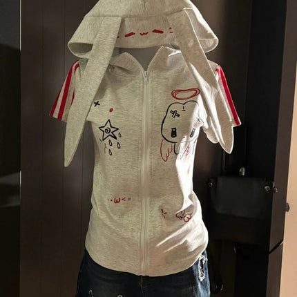 Summer Cartoon Printing Japanese Women Hoodies Preppy Style Rabbit's Ears Hooded Tops Y2K Aesthetic Slim Fit Tees Grunge