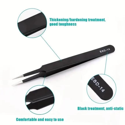 6-piece precision long tweezers ESD anti-static stainless steel tweezers electronic repair welding tools nail art brick clamp
