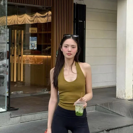 ETJ 2025 New Product: Women's Sexy Hot Girls Outfit - Halter Neck, Stretchy, Slim Fit, Backless, Versatile, Solid Color Top