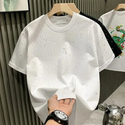Summer Rhinestone Rivet T-shirt for Men Clothing Round Neck Casual T-shirt Fashion High Street 2025 Men's Summer Short Sleeves