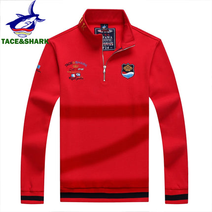 TACE&SHARK Fashion Men's Shark Embroidery Long Sleeve Polo Shirt Cotton Casual Wear Business Solid Color Tops