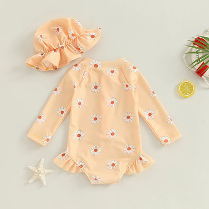 Baby Girls Swimsuit, Long Sleeve Flower Print Zipped Bikini with Hat Newborn Swimwear for Summer Bathing