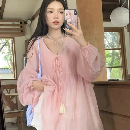Korean Version V-neck Long Sleeved Shirt for Women's Spring 2024 New Loose Medium Long Sun Protection Shirt Top Two-piece Set