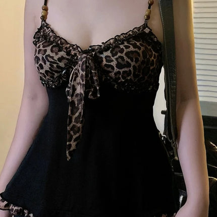 American Hotsweet Y2k Leopard Camisole Women Retro Streetwear E-girl 90s Dark Gothic Sexy Patchwork Lace-up Crop Tank Top Femme
