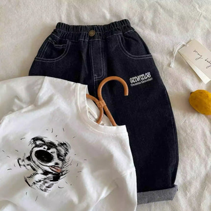 Cartoon Tshirt For Boys And Girls New Casual Long-sleeved Tops Simple Lovely Round Neck Base Shirt Printing Tees Baby Clothing