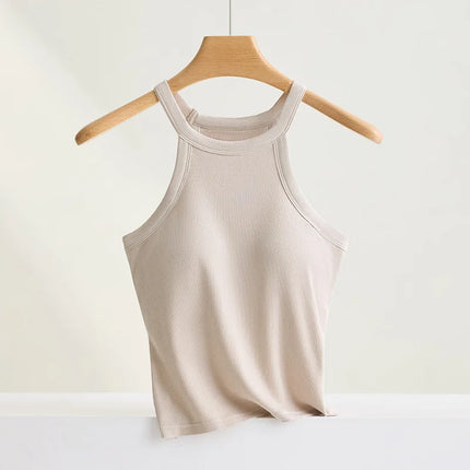 Threaded Halter Neck Camisole Top With Build-in Bra High Elastic Slim-fitting Sling Fixed Cup Breathable Women Underwear