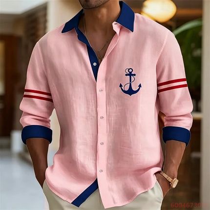 2026 Summer New Men's Long-Sleeve Shirt, Contrasting Collar with Anchor Print, Fashionable Casual Hawaiian Shirt, XS-6XL