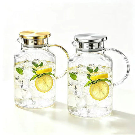 JUSTINLAU 1.8L Cold Water Pitcher High Borosilicate Glass Fruit Tea Kettle Stripe Boiled Water Jug Summer Juice Drink Tea Kettle