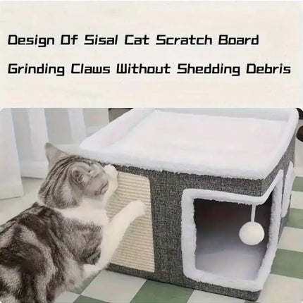4-Season Multi-Level Cat House: Foldable Indoor Play Cube with 2-Layer Bed, Toy Tunnel, Scratching Board, Climbing Rope, Soft Cushions, and Non-Slip Base - Perfect Cat Cave & Warm Bed for Small to Large Cats (Grey）