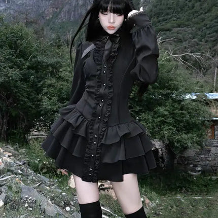Gothic Vintage Lace Y2k Mini Dress Women Design Streetwear Black Lolita Slim Dress Long Sleeve Elegant Dress Spicy Girls