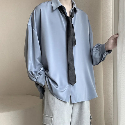 Korean Style Men's Long-sleeved Shirts Black Tie Cozy Casual Solid Oversize Blouses Breathable Loose Shirt Harajuku Male Clothes