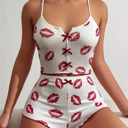 New Hot Sale Of The Season Heart Pattern Color Block Sleepwear Set with Slit in Front Strap Women's Vest Tops Non-Stitched Exte