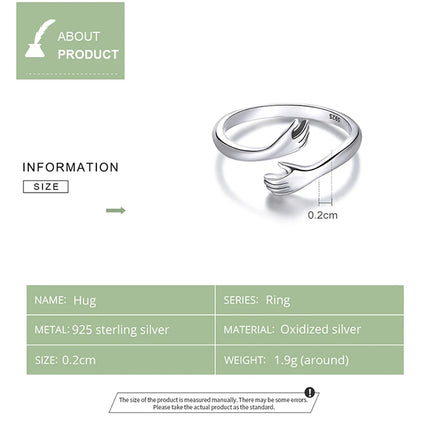 BAMOER 925 Sterling Silver Hug Open Ring Warm Love Hand Adjustable Glossy Ring for Women, His Big Loving Family Party Gift