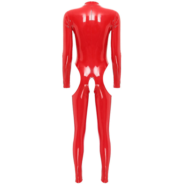 Women's Sexy Open Crotch Wet Look Jumpsuit Faux Leather Full Body Suit Latex Catsuit Long Sleeve Zipper Leotard One-Piece Clubwear