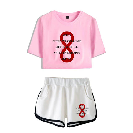 Youthful Black White After We Collided Girl Dew navel Two Piece Set Sexy Short Sleeve Crop T-shirts+Shorts Pants Tracksuit