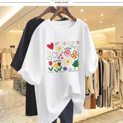 Women Clothing Chic Hand-painted Printing Basic T-shirt Summer Fashion Pure Cotton Round Neck Short Sleeve Tees Casual Loose Top