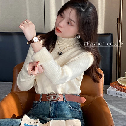 Women's Turtleneck Sweater Winter 2025 Retro with Velvet Lining Thickened Inner Wear Thermal Knitting Bottoming Shirt Pullovers