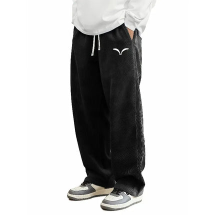 Comfort Mens Corduroy Wide Leg Trousers Wing Symbol Print Drawstring Waist Lightweight Casual Pants Double Side Pockets