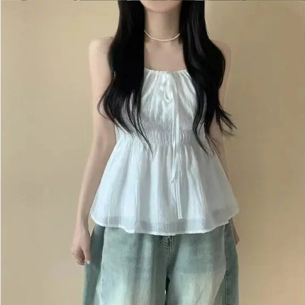 Sexy Summer Design D-string Strap Folded Waist Slimming Women's Casual Sexy Vest Top with Belt Polyester Fiber Thin Model
