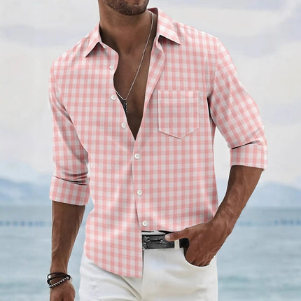 Men's red plaid shirt formal shirt long sleeve fashion casual vacation summer spring and autumn lapel 3d printing shirt