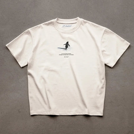 Y2K Harajuku Casual Minimalist Penguin Snow Mountain Reflection Print T-Shirt Men's and Women's White Trendy Loose Fitting T-Shirt