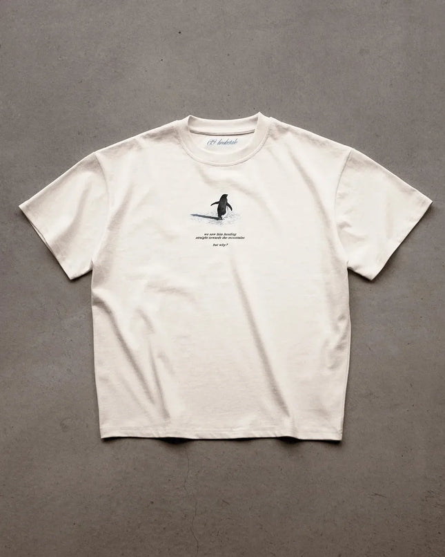 Y2K Harajuku Casual Minimalist Penguin Snow Mountain Reflection Print T-Shirt Men's and Women's White Trendy Loose Fitting T-Shirt