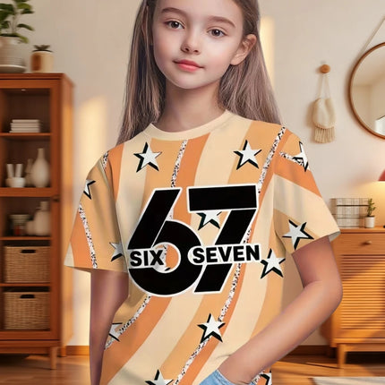 67 Meme T-Shirt for Boys Girls Fashion Splashed Ink 3D Print Girl Short Sleeve Tees Round Neck Tops Loose Children's Clothing