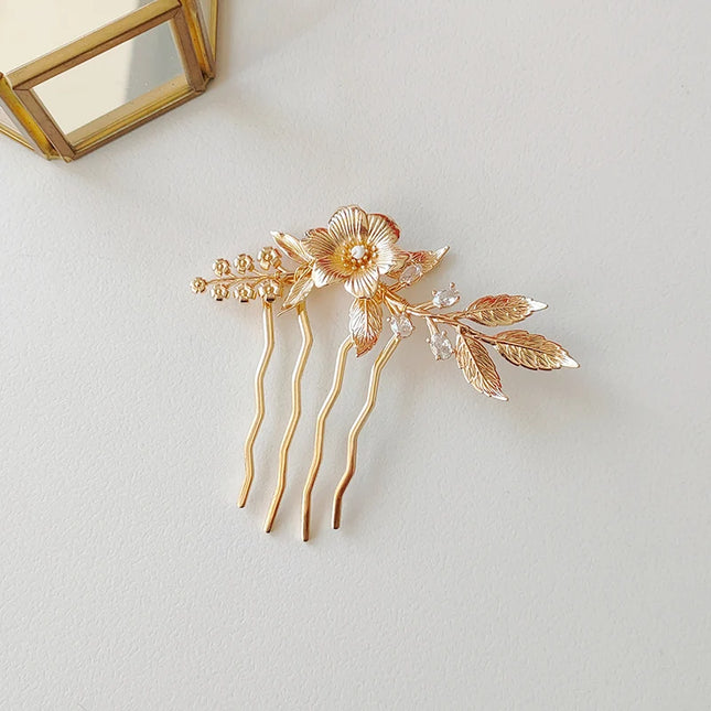 Metal Golden Leaf Flower Bridal Hair Comb Wedding Jewelry Headpiece Women Hair Accessories