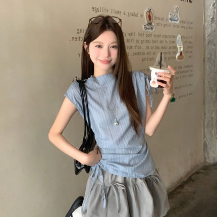 Blue Striped Drawstring Tie Women's Shirt Summer New Style French Stripe Design Modified Version Round Neck Sleeveless Dress