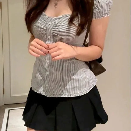 Slim Fit ort Sve irt V-Ne Beautiful Striped Flng Sve Top Trendy Girl's Faion Casual Wear Summer 2025