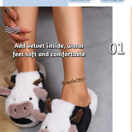 Pallene Cow milk Fuzzy Slippers Women Winter Cartoon Fur Slippers Soft Cozy Plush House Shoes Female Bedroom Cute Furry Slides