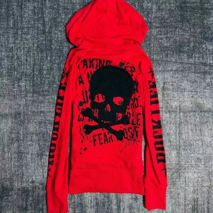 Streetwear Letter Skull Printing Hoodies Women Harajuku Vintage Zipper Gothic Sweatshirt Y2k Aesthetic Red Grunge Casual Hoody