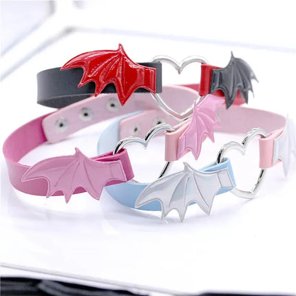 Sexy Harajuku PU Leather Dark Wing Heart Collar Necklaces For Women Men Punk Neck Gothic Black Splicing Choker Necklace 2024 New