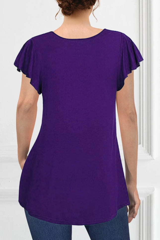 Plus Size Casual Purple Lace Stitching Pleated Ruffle Sleeve Blouse